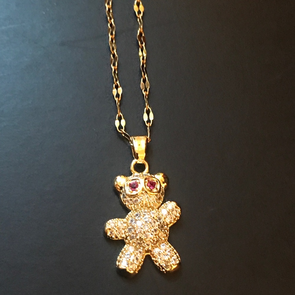 Stainless Steel Gold Necklace and Bear Pendant Pave Stones 18” Long